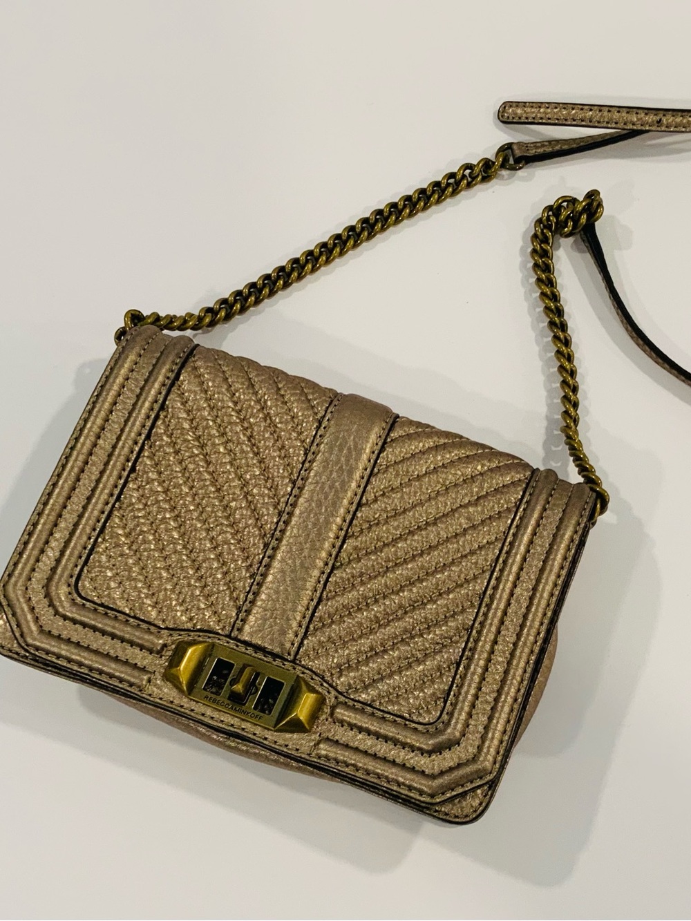 Rebbecca Minkoff  Metallic Gold Quilted Chain Crossbody Bag. New